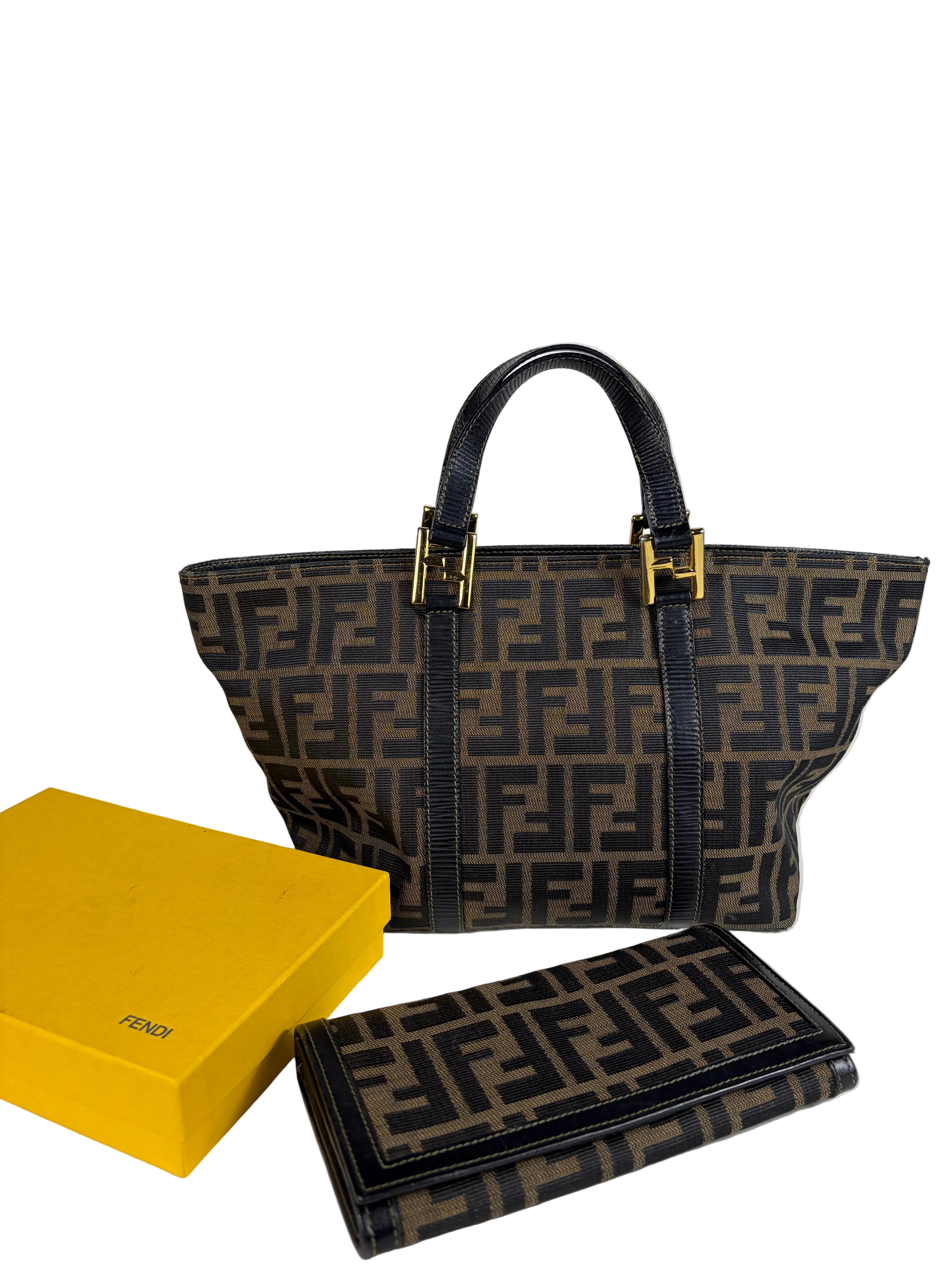 Fendi Zucca Canvas Shoulder Bag and Zucca Long Wallet Set